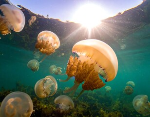 Underwater scene of jellyfish swimming near the surface, sunlight shining