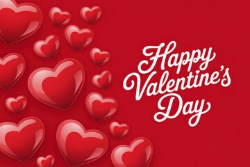 Red glossy hearts with Happy Valentines Day text on red background Valentine's Day