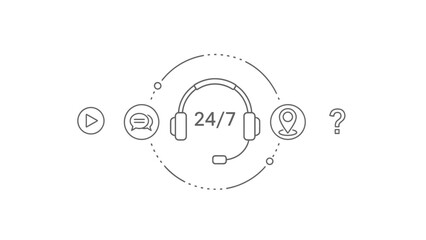 24/7 Customer Service Support Icon Set, Online Help Center and Technical Support Concept, Minimalist Line Art Vector