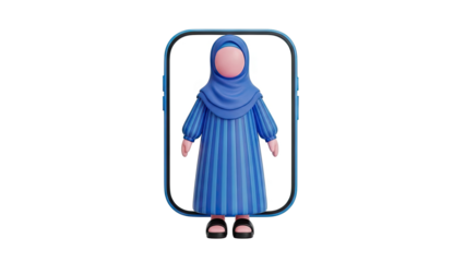 3D Cartoon Muslim Girl in Hijab Appears on Phone Screen on transparent background