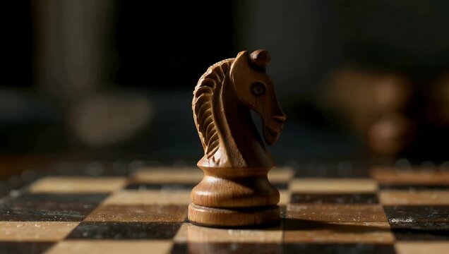 Macro 4K close up of chess knight pieces on chessboard with blurred background emphasizing detail strategy elegant tabletop game visuals educational stock 
