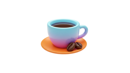 3D Cute 3D Coffee Cup with Coffee Beans on Saucer on transparent background