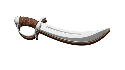 3D Decorative curved saber with leather-wrapped handle and metal guard on transparent background