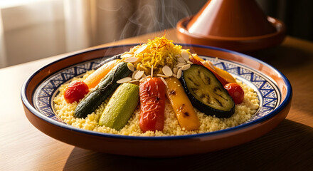 Traditional moroccan tagine dish with vegetables and rice