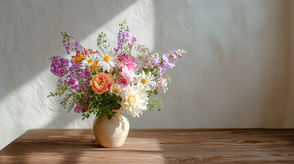 A bouquet of colorful flowers in a vase on a wooden table.