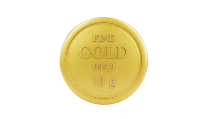 3D Fine Gold 999.9 10g coin on transparent background