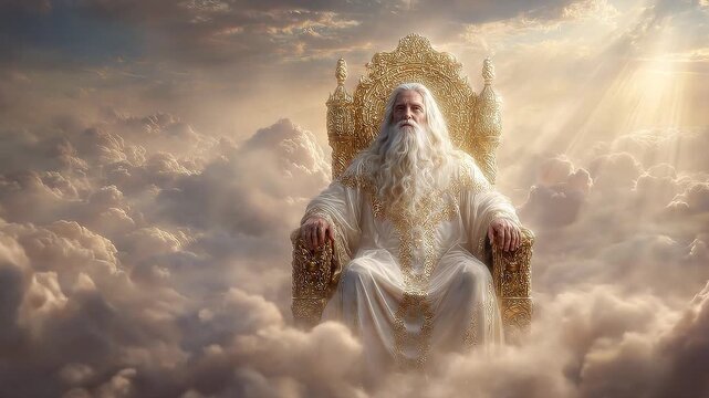 God in heavenly clouds sitting on his throne. Heaven, sky and castle with light for fantasy, creative imagination and eternity, clouds and sunlight. Mystical, for holy paradise, religion and spiritual