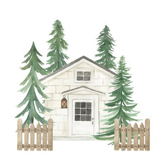 Watercolor  house with fir-trees on white background. Vintage hand drawn illustration