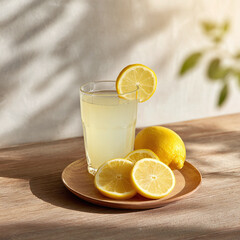 Fresh lemonade with lemon slices on a wooden plate.