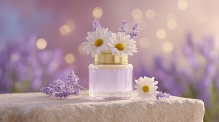 Elegant perfume bottle with flowers on a stone surface.