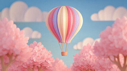 A colorful hot air balloon floats above pink trees and fluffy clouds.