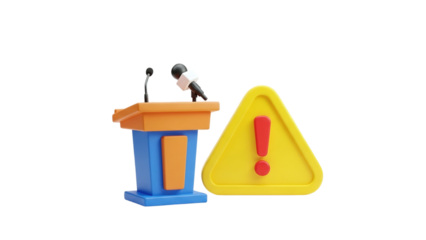 3D Podium with Microphone and Warning Sign on transparent background