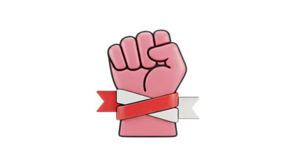 3D Pink fist with red and white ribbon icon on transparent background