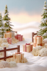 Christmas gifts in a snowy winter wonderland scene.