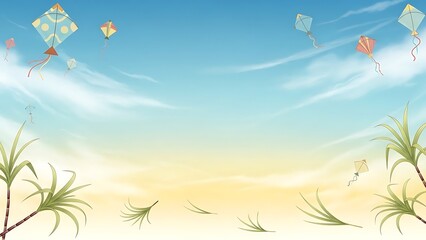Obraz premium Serene beach scene with kites flying high in the sky surrounded by palm trees