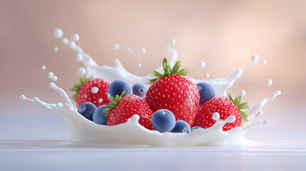 Fresh strawberries and blueberries splash in milk.