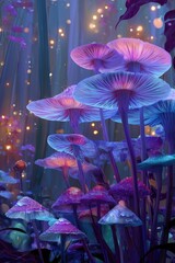 Mystical glowing mushroom forest illustration for fantasy background design