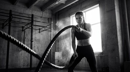 A woman in a gym exercising with battle ropes in front of a window with a monochromatic mood.