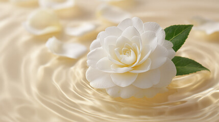 A beautiful white flower on water with ripples and petals.
