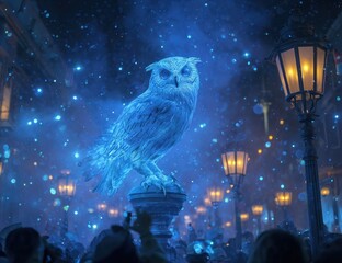 Mystical owl statue illuminated by glowing lights in a nighttime scene