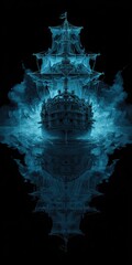 Mystical sailing vessel floating in dark water against a black background digital artwork
