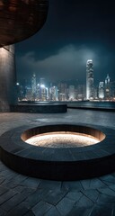 Night cityscape illuminated by artificial lights with a concrete foreground