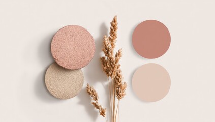 Neutral tone cosmetic products and wheat sprig on cream background