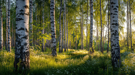 Obraz premium Sunlit panoramic view of a birch forest with tall, slender white-barked trees and lush green foliage in a peaceful natural landscape