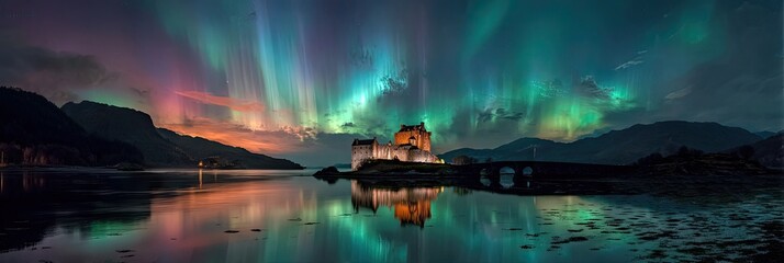 Night sky aurora borealis castle water reflection vibrant landscape scenery