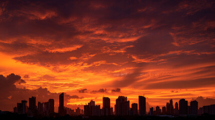 Fototapeta premium Sunset sky over a modern city skyline with vibrant orange, red, and purple hues illuminating the silhouette of high-rise buildings