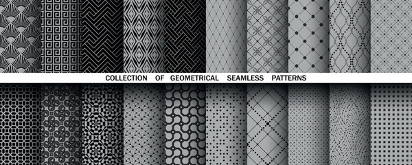 Geometric set of seamless black and gray patterns. Simple vector graphics