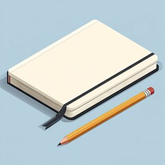 Notebook and pencil illustration on light blue background for design