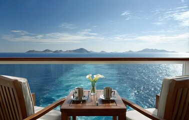 Ocean view from balcony with coffee cups and lilies on a sunny day