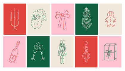 Set of Christmas posters with hand-drawn holiday symbols in a vintage line style. Santa, candles, bow, drinks, toys, tree, decorations.