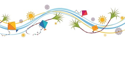 Kites flying high in the air with colorful designs and plants surrounding them in a lively atmosphere