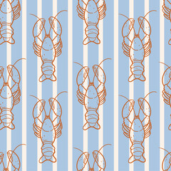 Seamless pattern with hand-drawn lobsters on a striped background. Hand drawn vector illustration for wrapping paper, textile, fabric.