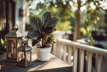 Ornamental plant in pot near lanterns on a wooden surface