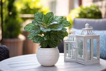 Ornamental potted plant with decorative lanterns on a table outdoors