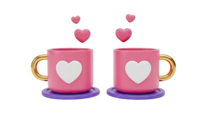 3D Two Pink Cups with Hearts and Floating Hearts on transparent background
