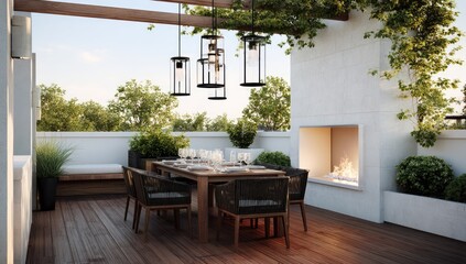 Outdoor dining area with table chairs and decorative hanging lights in natural light