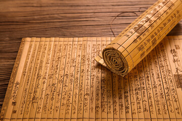 Ancient Bamboo Slips with Chinese Characters and Wooden Ruler