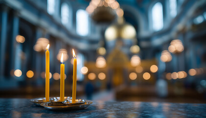 Illuminating Spirituality Lit candles cast a warm, flickering glow within a majestic cathedral, highlighting the serenity and reverence of the sacred space.