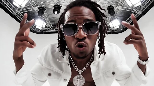 Cinematic Low Angle Studio Shot of Rapper with Dreadlocks and Clear Sunglasses
