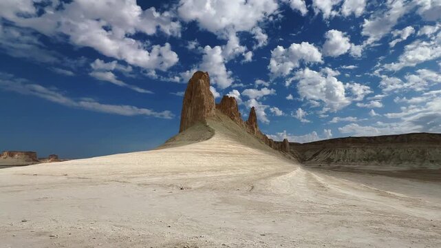 Mount Bozzhira, Mangystau. View of the cliffs of the Ustyurt plateau in Western Kazakhstan. Beautiful white rocks in the endless white valley of Mangystau region.Rock formations of the Bozzhyr valley.