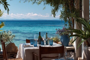 Outdoor dining setting with ocean view during sunny day