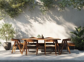 Outdoor dining set with table and chairs against a textured wall