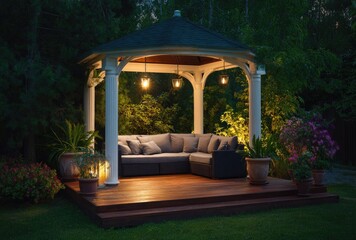 Outdoor gazebo with seating and ambient lighting in a tranquil garden setting