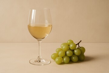 Glass of white wine beside bunch green grapes on beige background
