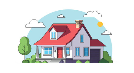 Fototapeta premium Charming illustration of a two story suburban house with a red roof garden and garage set against a sunny blue sky with clouds.