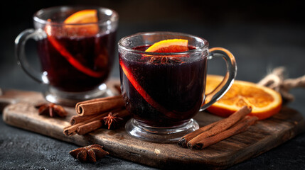 Fototapeta premium Two glass cups of warm mulled wine with cinnamon sticks and orange slices on rustic wooden board
